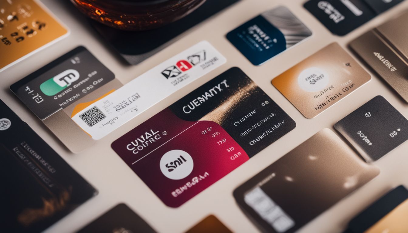 Une carte de fidélité entourée de divers produits dans un magasin animé.