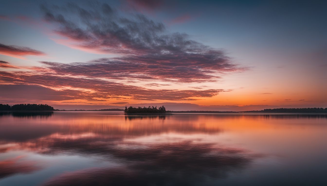 Un lever de soleil magnifique sur un lac paisible avec des avis flottants. Un lever de soleil magnifique sur un lac paisible avec des avis flottants.
