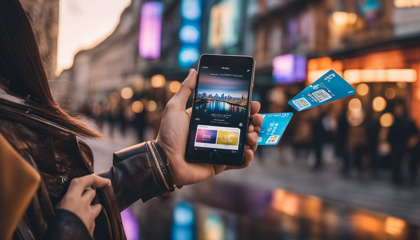 Un smartphone avec des cartes de fidélité et des sacs de shopping entouré de technologie futuriste et de paysages urbains.