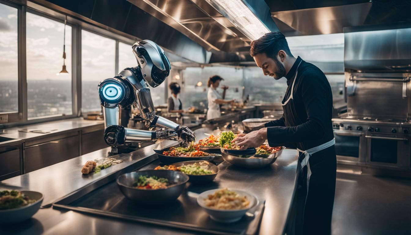 Un robot chef innovant prépare un repas dans une cuisine futuriste.
