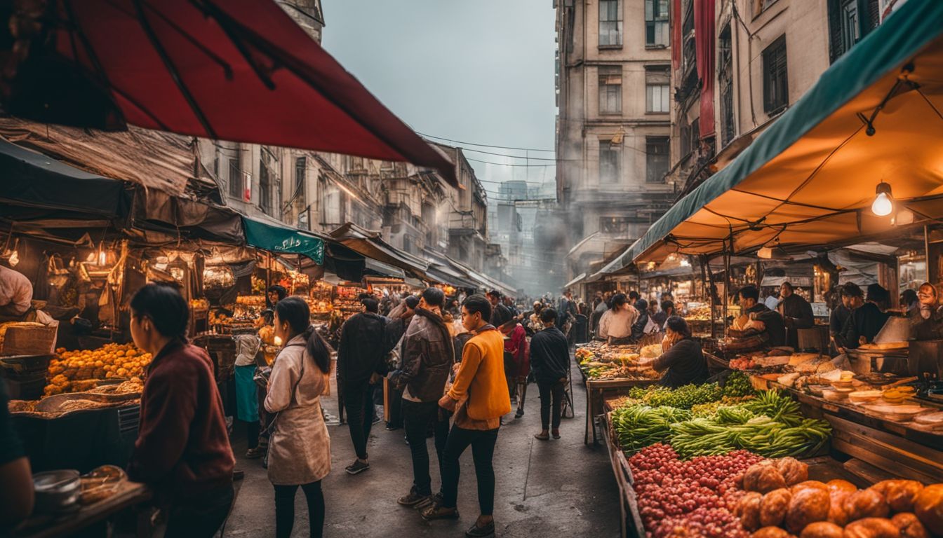 Un marché en plein air avec une variété de cuisines et une atmosphère animée. Un marché en plein air avec une variété de cuisines et une atmosphère animée.