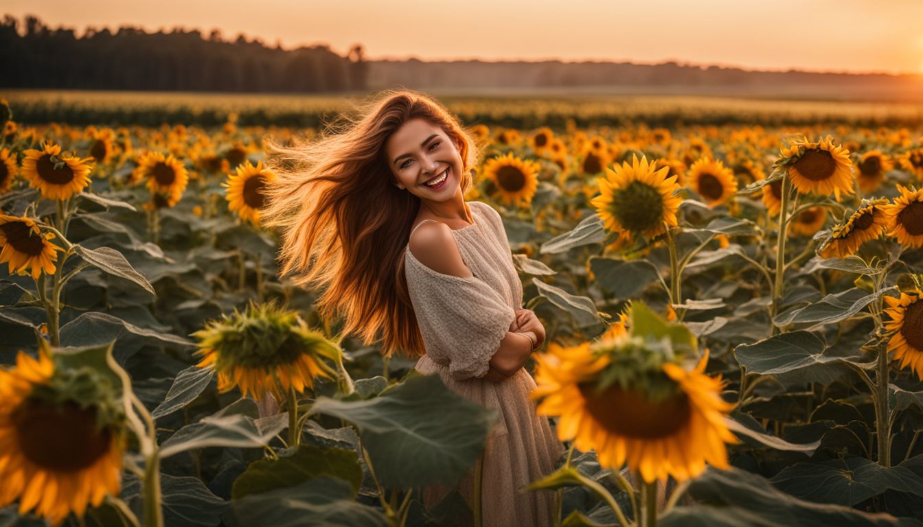 Un champ de tournesols souriant au coucher du soleil.