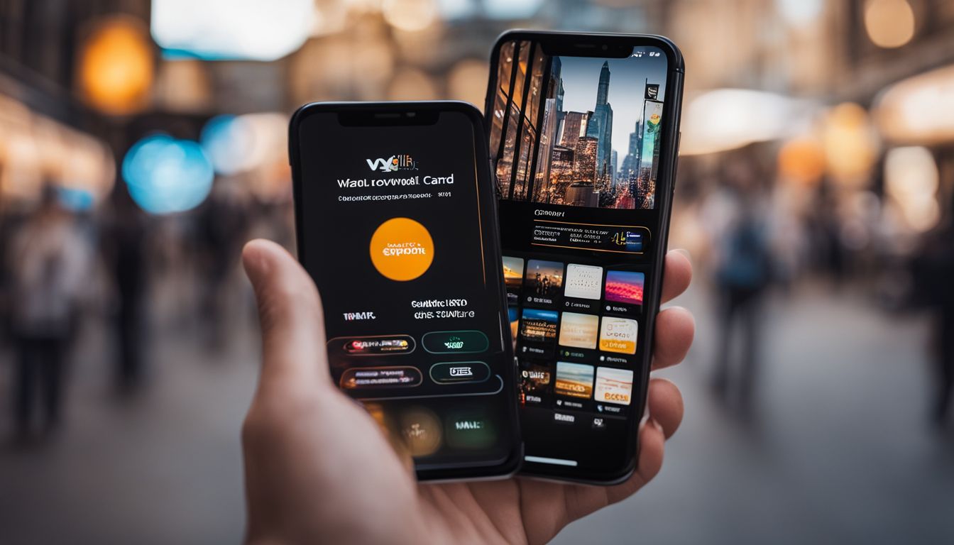 Un smartphone affiche différentes cartes de fidélité dans un décor moderne.