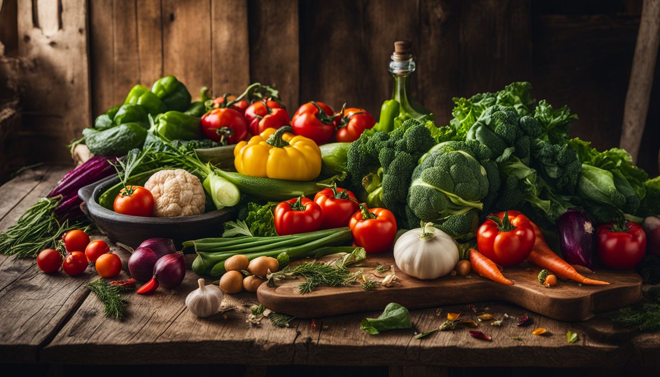 Une variété de légumes locaux vibrants disposés sur une table rustique. Une variété de légumes locaux vibrants disposés sur une table rustique.
