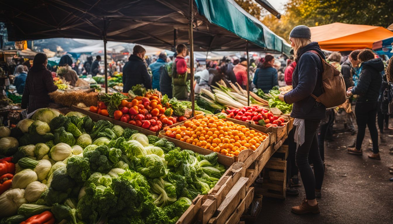 Une exposition de légumes frais et colorés sur un marché animé.