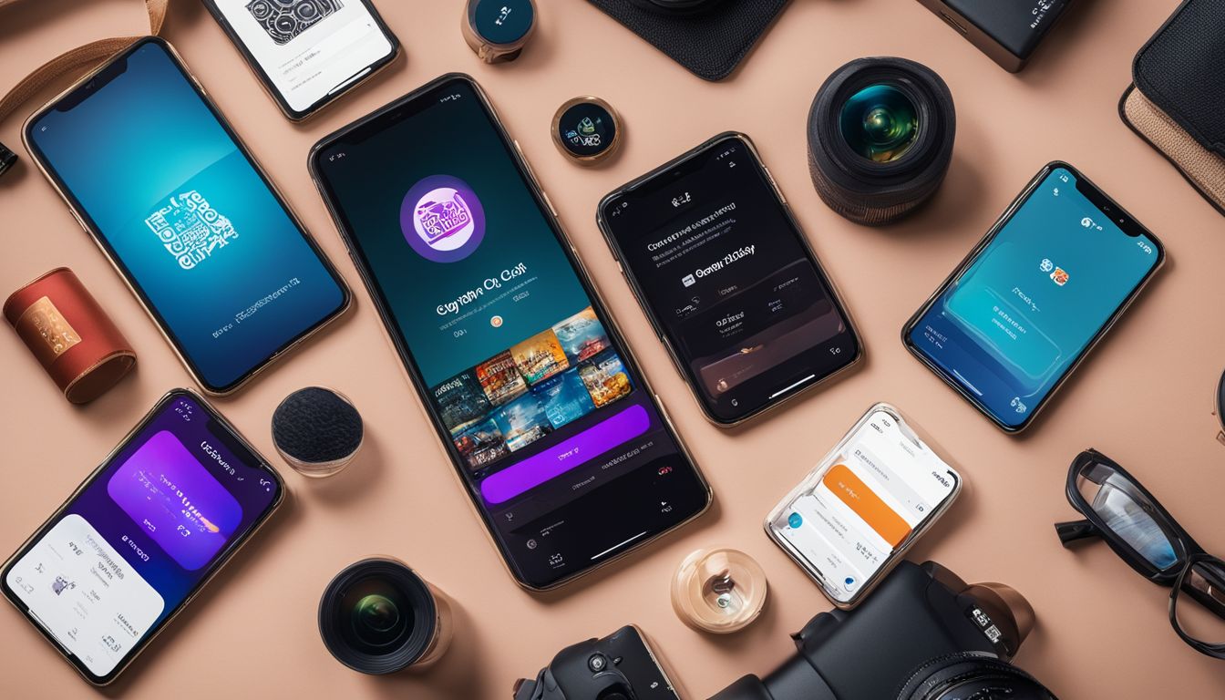 Une photo de smartphone affichant une carte de fidélité numérique entourée de logos de magasins. Une photo de smartphone affichant une carte de fidélité numérique entourée de logos de magasins.